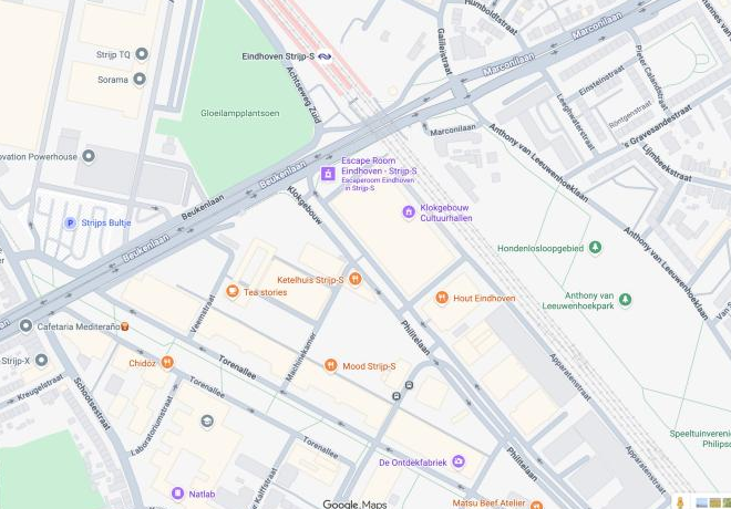 Kaart van Strijp-S in Eindhoven met de locatie van Café Lichtpunt. Opent Google Maps.